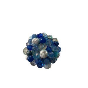 Mixed Blue Tones Beaded Cluster Brooch Statement 2.5" Diameter Pin